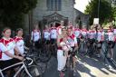 WHEELS OF FORTUNE: Cyclists line up outside Highfield Church, Southampton, ahead of their  90-mile fundraising ride to London. Leukaemia patient Emma Wiskin is pictured with son Nathaniel and husband Tony.	Echo picture by Paul Collins. Order no: 10684002