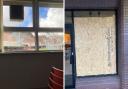Smashed windows at Badger Farm Community Centre and Starbucks