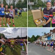 Top left: top three male finishers, right: Victoria Gill and Tamsin Anderson. Bottom: runnetrs competing the the Alresford 10k