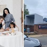 Stock image of a foster family; insert showing the Hampshire County Council offices