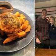 Left: A pie at the Hunters Inn. Right: Hunters Inn directors Chris and Nicola