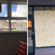Smashed windows at Badger Farm Community Centre and Starbucks