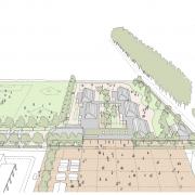 Architect's drawing of the proposed school next to the estate's main square