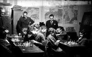 Schoolboys playing chess in a classroom, possibly a competition or after school club, St Thomas's School, Winchester, February 1949