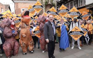 Liberal Democrat leader Sir Ed Davey is greeted by supporters as he arrives to join local Lib Dem campaigners at a celebratory rally in Winchester, following the results in local government elections. Picture date: Friday May 3, 2024.