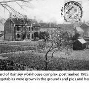A postcard of Romsey workhouse complex, postmarked 1905. Many vegetables were grown in the grounds and pigs and hens kept