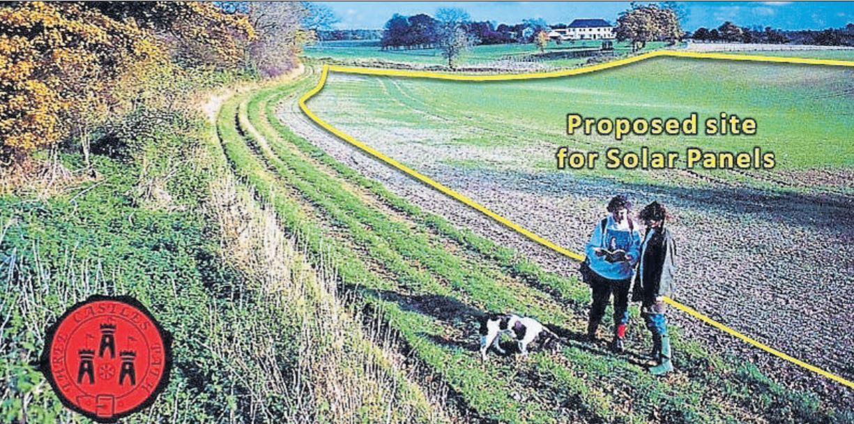 An image by David Ramm, of the Open Spaces Society, showing the size of the proposed solar farm next to the Three Castles Path at Godsfield Lane, north of Alresford