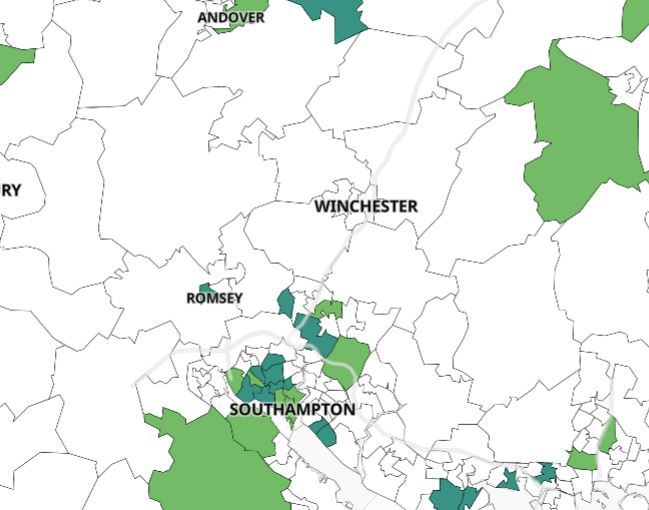 All 14 areas of the Winchester district are now marked white on the Government map