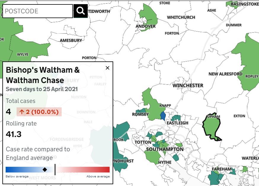 Todays Government map showing only Bishops Waltham and Waltham Chase as having more than two Covid cases in the seven days to sunday April 25