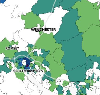 The latest map of infection showing the Winchester distict, with only only four white areas
