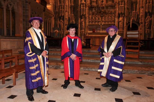 Chancellor Alan Titchmarsh with Tommy Jessop and Vice-Chancellor The Reverend Professor Elizabeth Stuart. Photos: Dominic Parkes Photography
