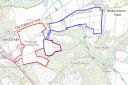 Red lines indicate proposed application area. Blue lines are the existing site area