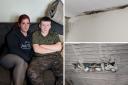 Left: Marie Waters and her son Connor, inserts: mould and exposed wiring in their home