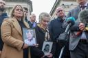 The family of Sean Brown (left to right) daughter Clare Loughran, widow Bridie Brown, and son Sean Brown, outside the Royal Courts of Justice, Belfast (Liam McBurney/PA)