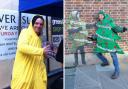 Kev Collick in his Pudsey outfit raising money for Children in Need and in his Christmas tree outfit next to Hendog's street art at the bus station