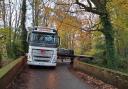 The stuck Gillards lorry on the bridge at Kiln Lane at Brambridge
