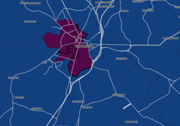 The latest Government Covid map, showing three areas in maroon for more than 400 cases per 100,000: Winchester West, Stanmore and Winchester Central/South