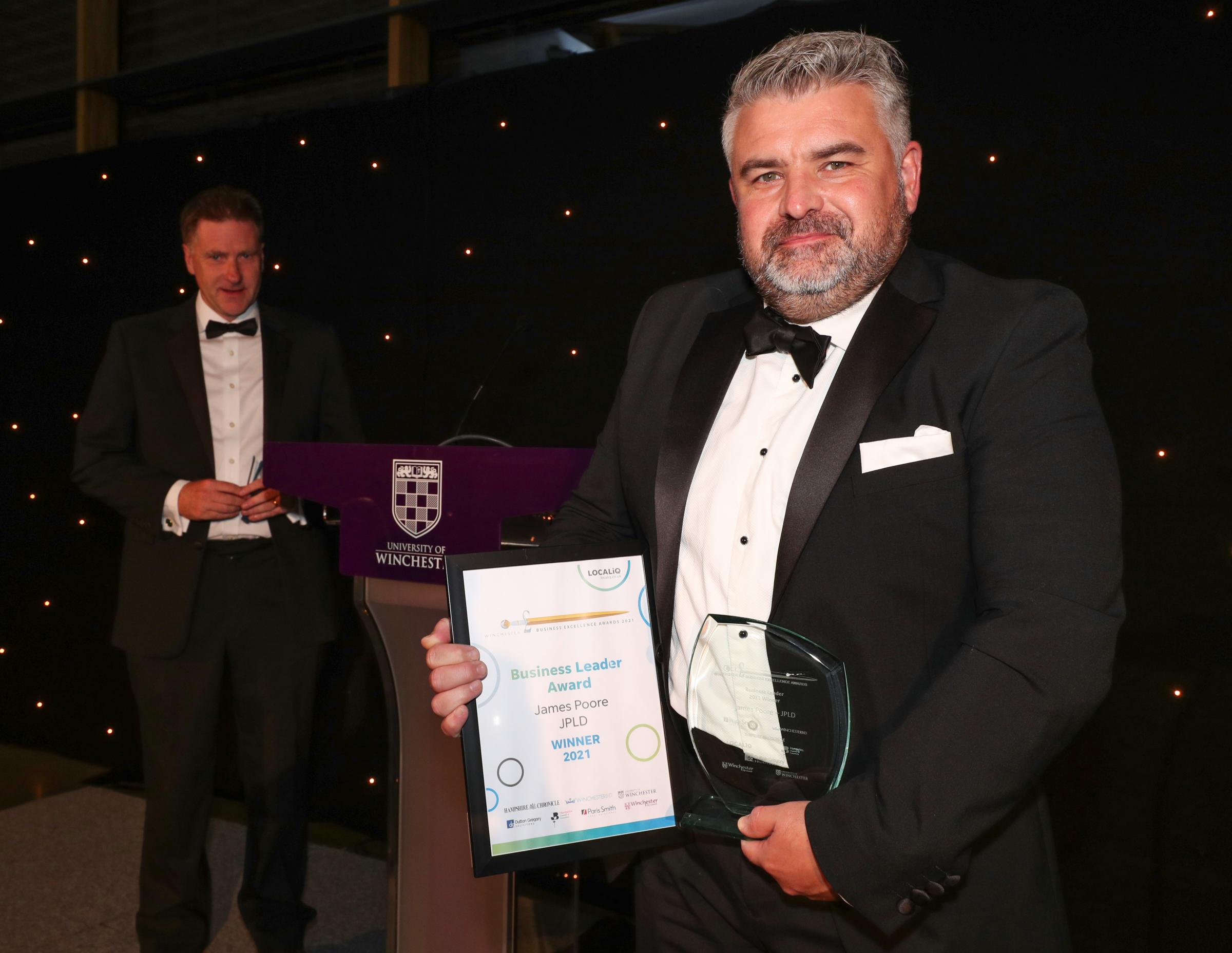 Winchester Business Excellence Awards 2021. Winner of the Business Leader Award James Poore – JPLD