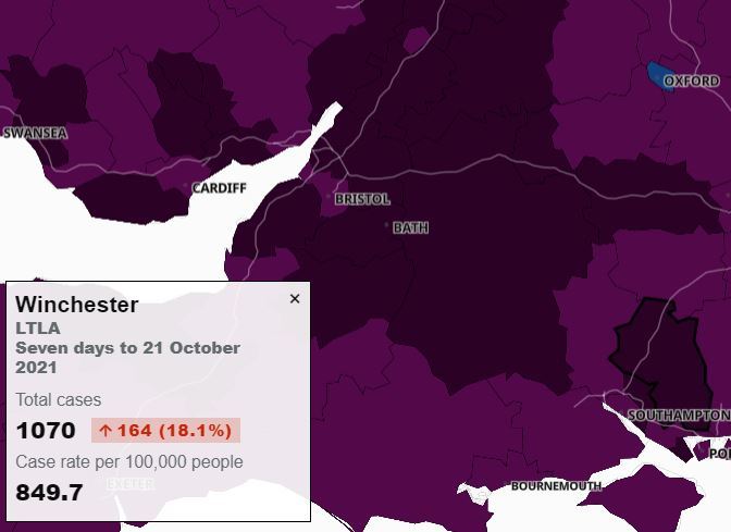 The stats for Winchester, now one of only two areas with more than 800 cases per 100,000. The other is Gosport