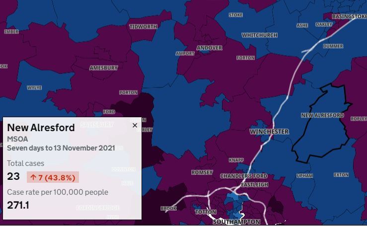 The latest Covid numbers for Alresford, which has seen the steepest increase in the seven days to November 13