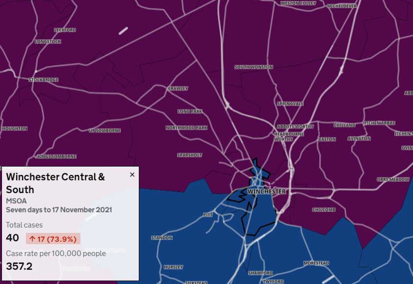 The most recent Covid map showing the sharpest increase in the Winchester district, in Winchester Central and South