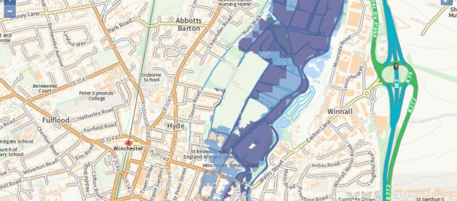 GOV.UK shows map of flooding expected in Winchester thid winter, 2021/22