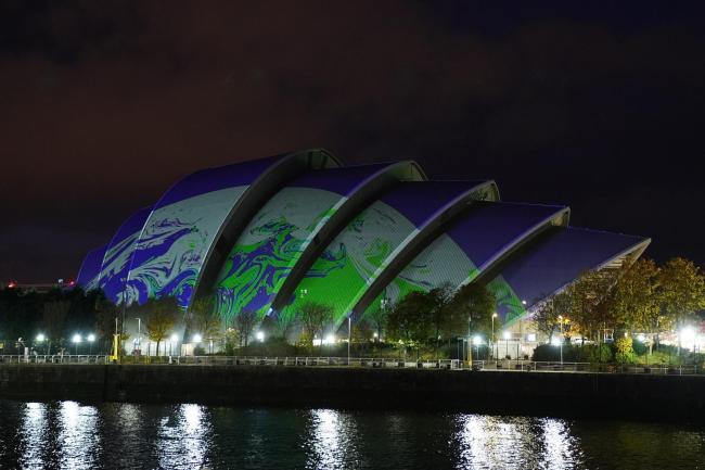 The SEC Armadillo, one of the venues for the Cop26 summit is illuminated, on the first day of the Cop26 summit in Glasgow.