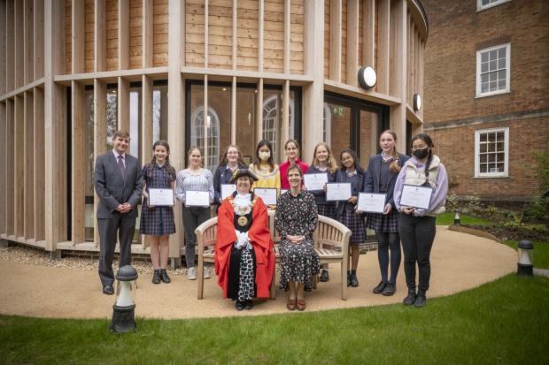 The Mayor of Winchester and the Festival of Scholarship award winners outside the new Jill Isaac Study Centre at St Swithun’s