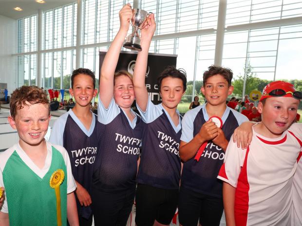 Hampshire Chronicle: Winchester City Penguins 20th Primary Schools swimming gala. Twyford celebrate winning the boys mixed stroke relay final.