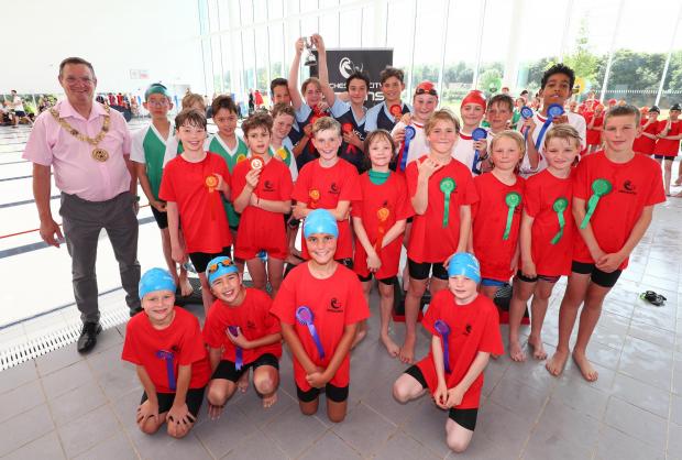Hampshire Chronicle: Winchester City Penguins 20th Primary Schools swimming gala. Boys mixed stroke relay final medal presentation.