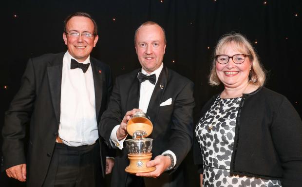 Hampshire Chronicle: Winchester Business Excellence Awards 2022. Winner of the Millennium egg for 2022 Steve Northam pictured with Cllr Martin Tod and Cllr Lucille Thompson.