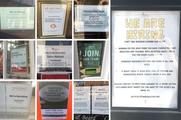 Hampshire Chronicle: Job adverts in Winchester windows. Picture by Orla Saway. 