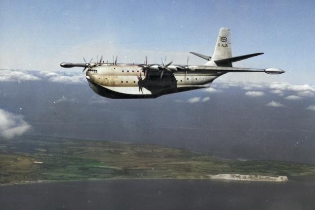 Digitally colourised picture of the Princess flying boat in flight in 1952.