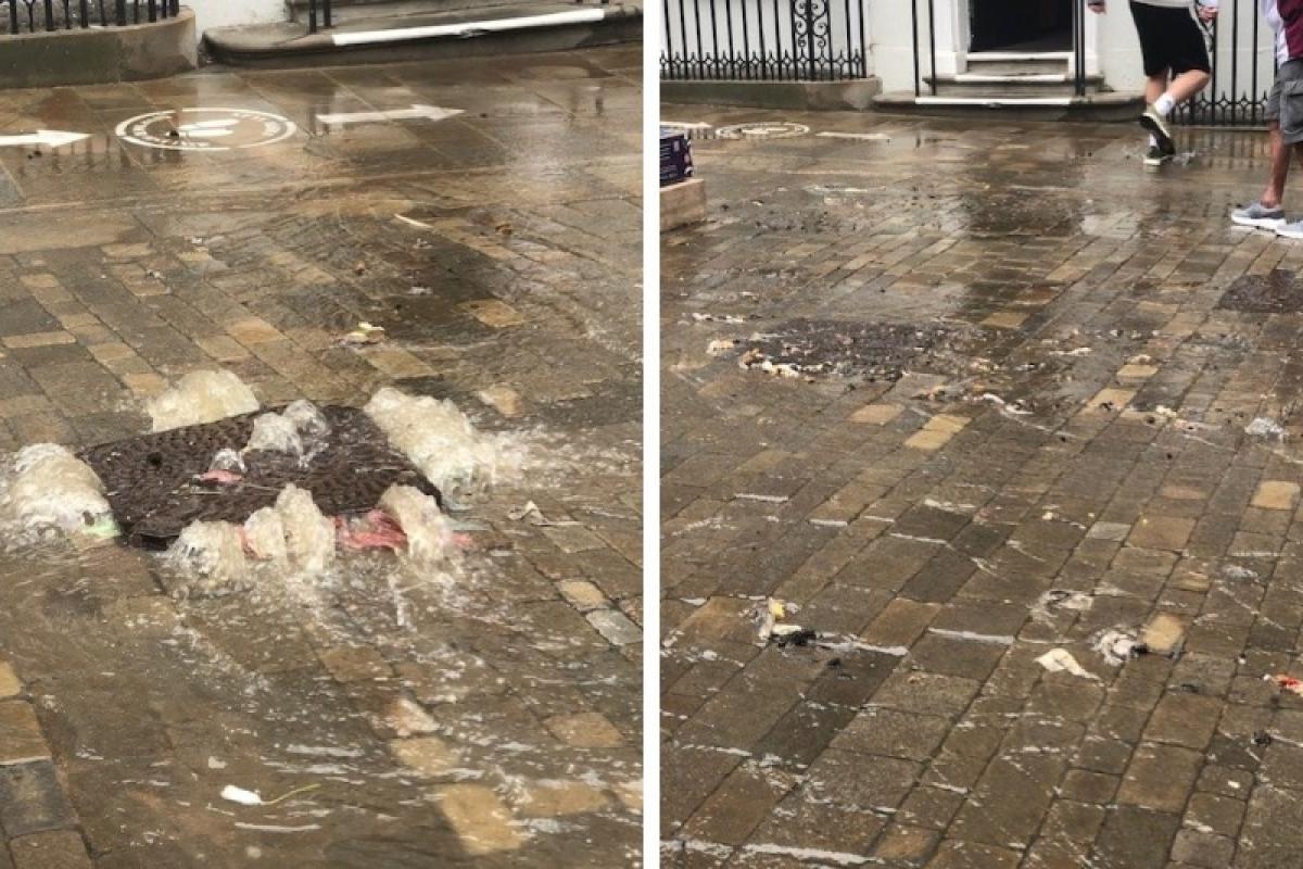 Sewage spilled out onto the High Street after heavy rainfall