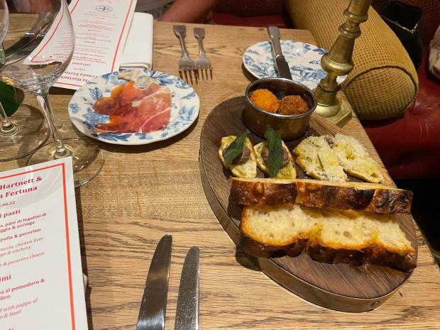 Hampshire Chronicle: Starter: Culatello ham, focaccia, chicken liver pate, sage anchovy teamed with crostini with onion and grated pecorino cheese