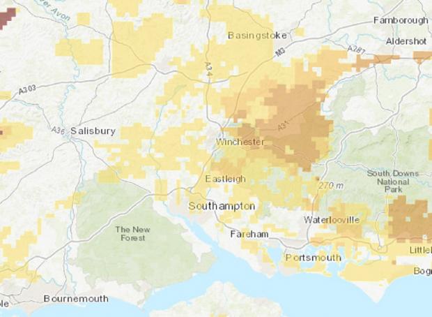 Hampshire Chronicle: The interactive map shows the maximum radon potential across all of Hampshire. Picture: UKradon