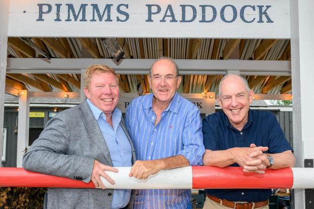 Hampshire Chronicle: David Butcher, MD, Uphams Inns, with Hampshire Fare Chairmans past Derek Beaves, centre,and present, Mike Wright, right, all enjoying the outside dining terrace, photo: The Electric Eye Photography