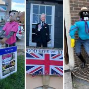 Scarecrows outside, from left, the Men's Shed on The Dean; the community centre on West Street; and St John's church