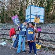 From left: Penny Smith and Anne Carter at the picket line outside South Central Ambulance Service NHS Foundation Trust in Sparrowgrove, Otterbourne