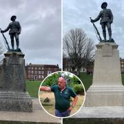 The statue outside Winchester Cathedral before and after cleaning, inset: Steve Davies
