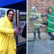 Kev Collick in his Pudsey outfit raising money for Children in Need and in his Christmas tree outfit next to Hendog's street art at the bus station