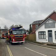 A fire engine parked on Chapel Road, Swanmore near the scene of the fire