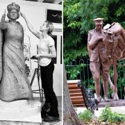 Left: Amy Goodman working on the sculpture of the older Queen. Right: Her War Horse statue in the War Memorial Park in Romsey