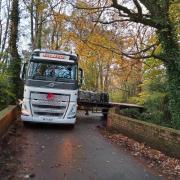 The stuck Gillards lorry on the bridge at Kiln Lane at Brambridge