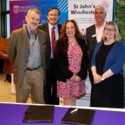 From left: Deputy Mayor of Winchester Councillor Russell Gordon-Smith, leader of Winchester City Council Councillor Martin Tod, St John’s trustee Ellen Nicholson, CEO of St John’s Clive Cook, and Professor Sarah Greer.