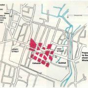 Map of Bushfield Camp superimposed on Winchester city centre