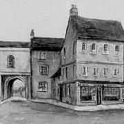 Fanny Buckell’s drawing of the corner of the Market Place in 1858. From left to right: the Congregational Church and archway, the house that may have been Sharp’s Bank, Lordan’s stamp office, Tuck’s watch and clock shop