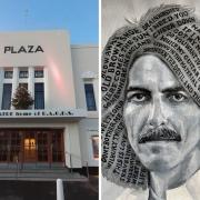 Left: the Plaza Theatre. Right: The logo of the George Harrison Project