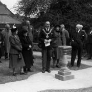 The Mayor of Winchester and others around the Scott Memorial Gardens, next to The Weirs in Colebrook Street, Winchester, April 1952