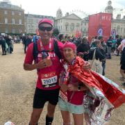 Karen Arney (right) and running friend Simon Wreford after completing the London Marathon in 2021